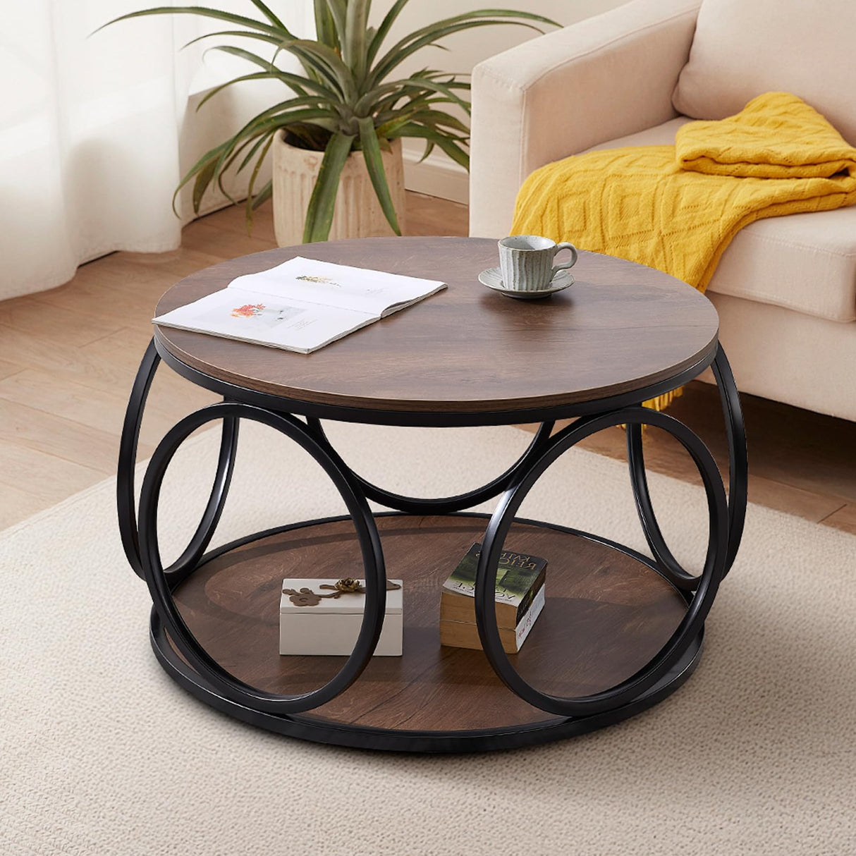 Round Industrial Coffee Table, Modern Round Coffee Table with Storage