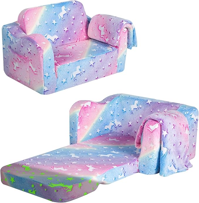 Folding Toddler Chair, Glow-in-The-Dark Soft Plush Kids Fold-Out Couch Sofa