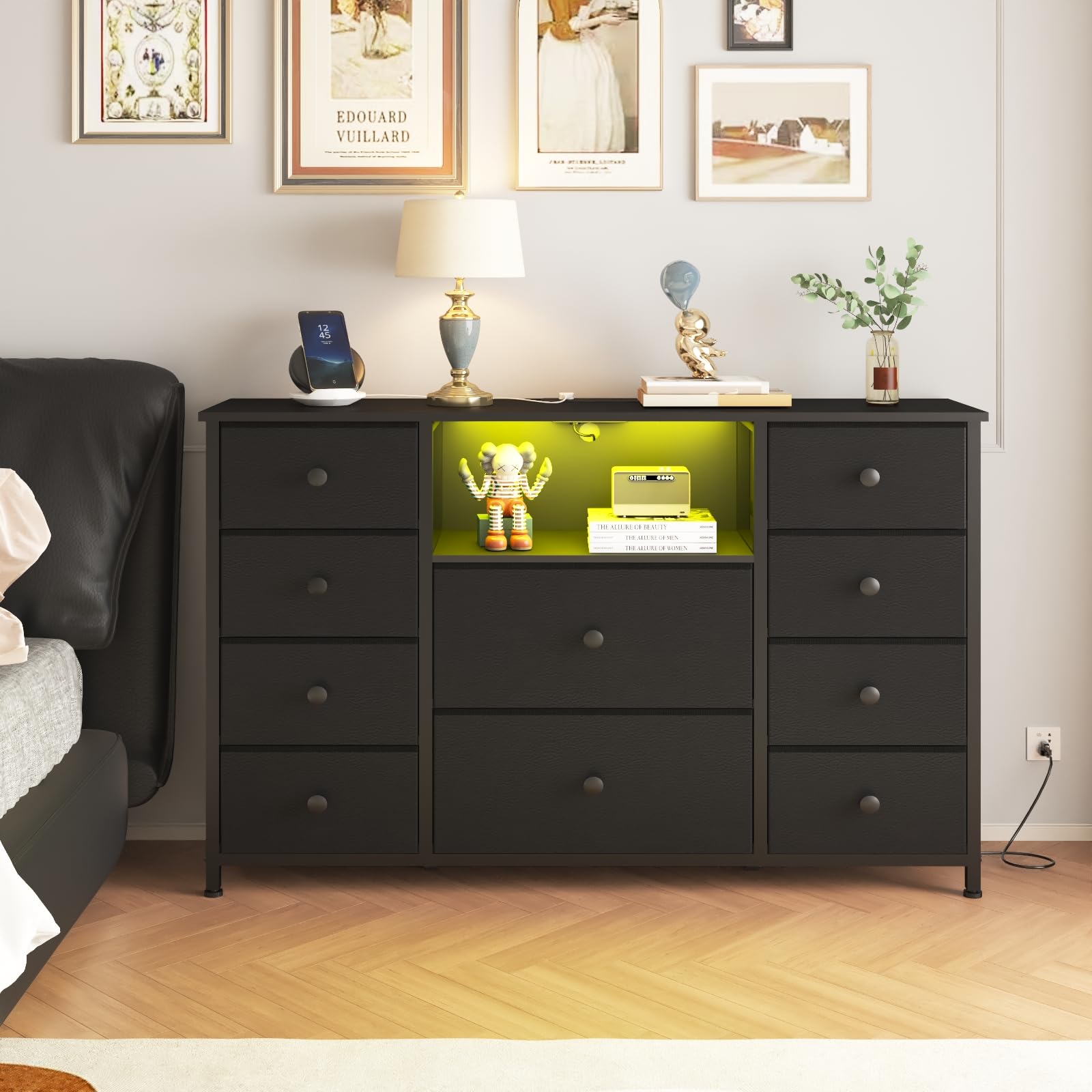 Dresser with Charging Station and LED Lights, Long Dresser