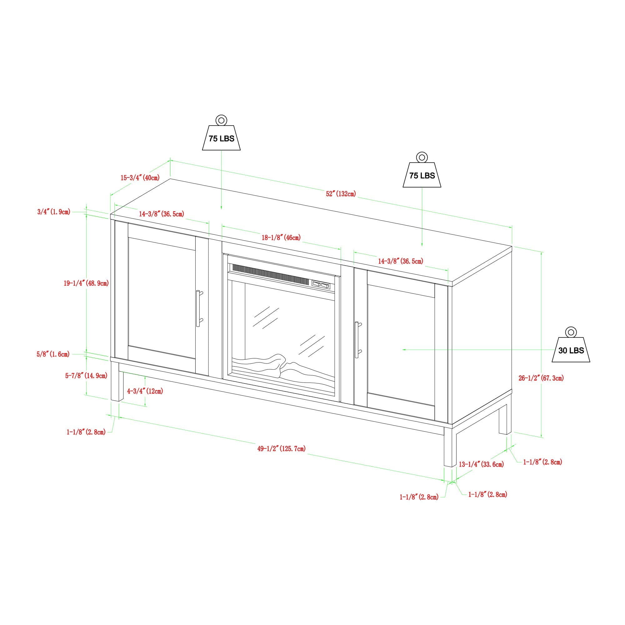 Griffith Contemporary Double Glass Door Fireplace TV Stand, 52 Inch, White
