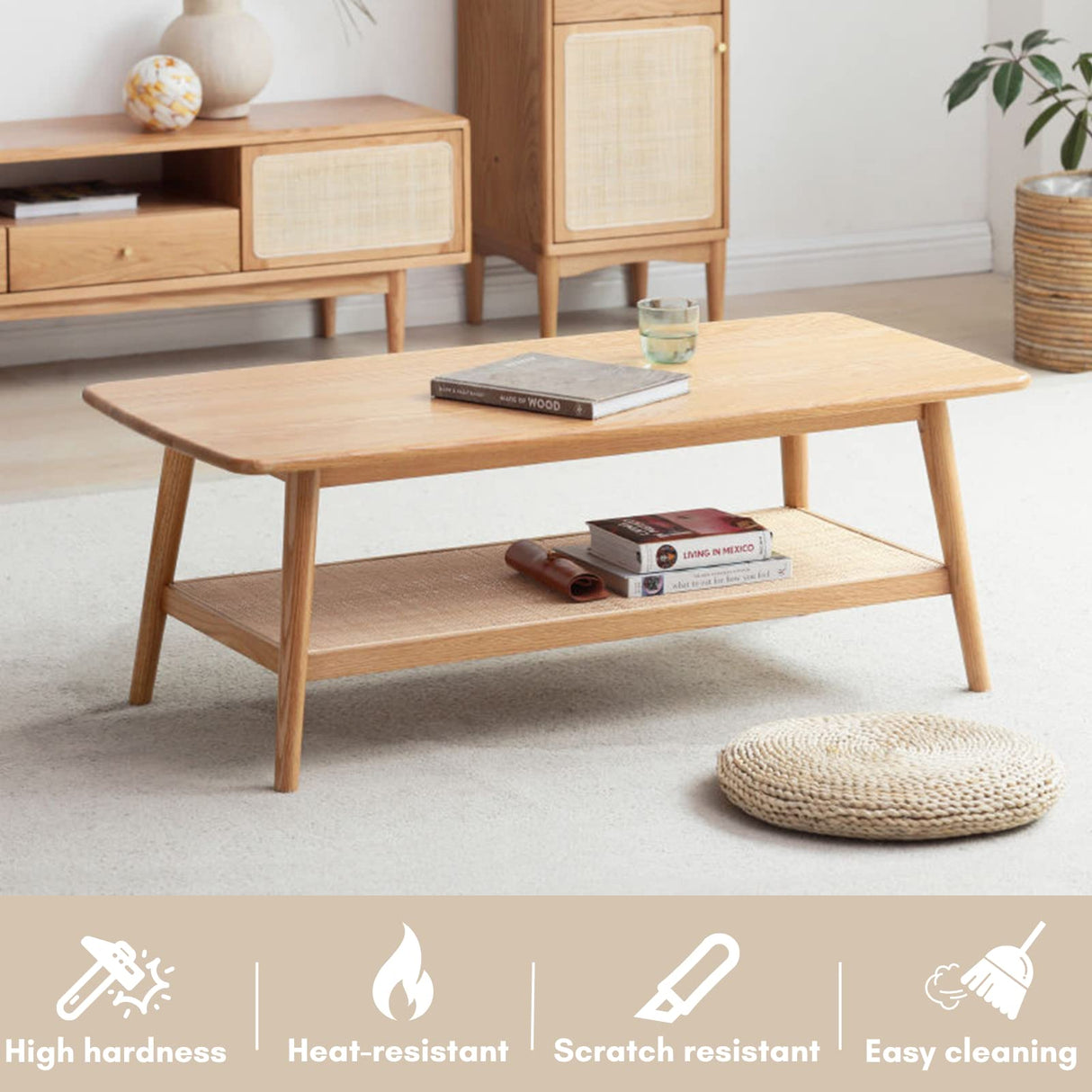 Modern Solid Wood Coffee Table - Mid-Century Center Table with Natural Rattan Storage