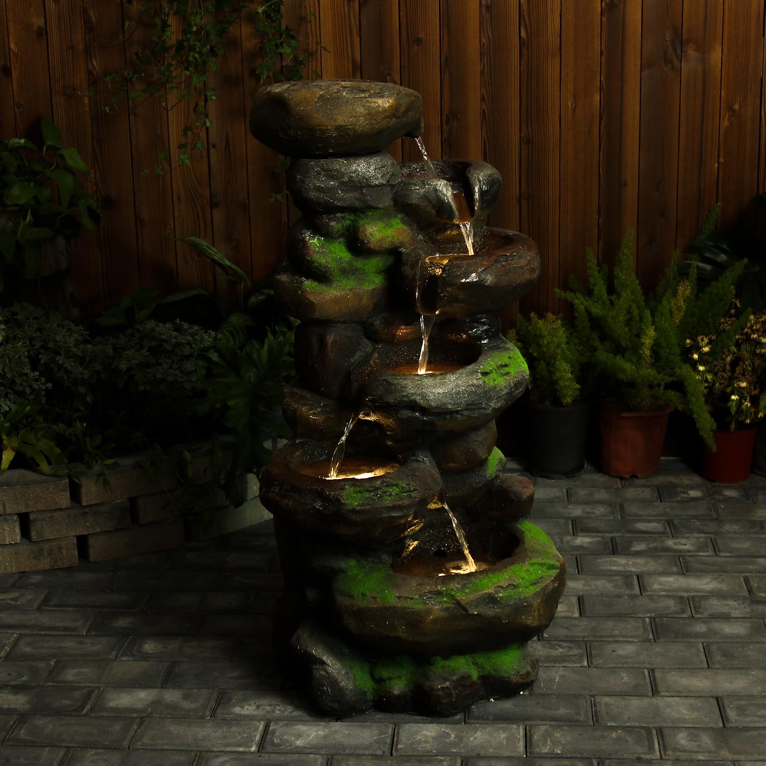 37.4" H 6-Tiers Cascading Rock Outdoor Water Fountain with LED Lights Outdoor Fountains