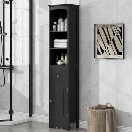 Freestanding Storage Cabinet with Drawer, Adjustable Shelves and Door,