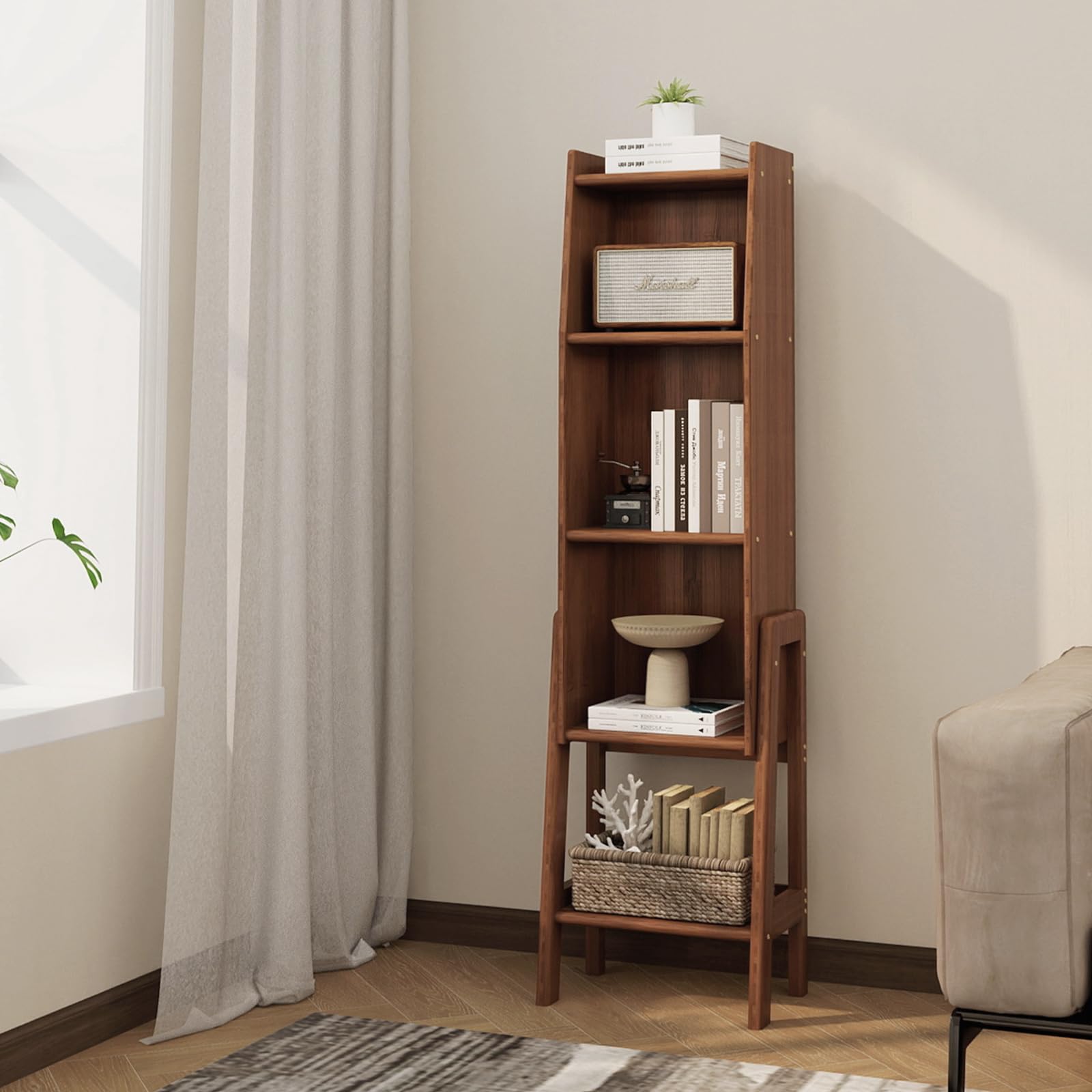 5-Tier Narrow Spine Bookcase,Small Bookcase with Storage Cabinet Modern