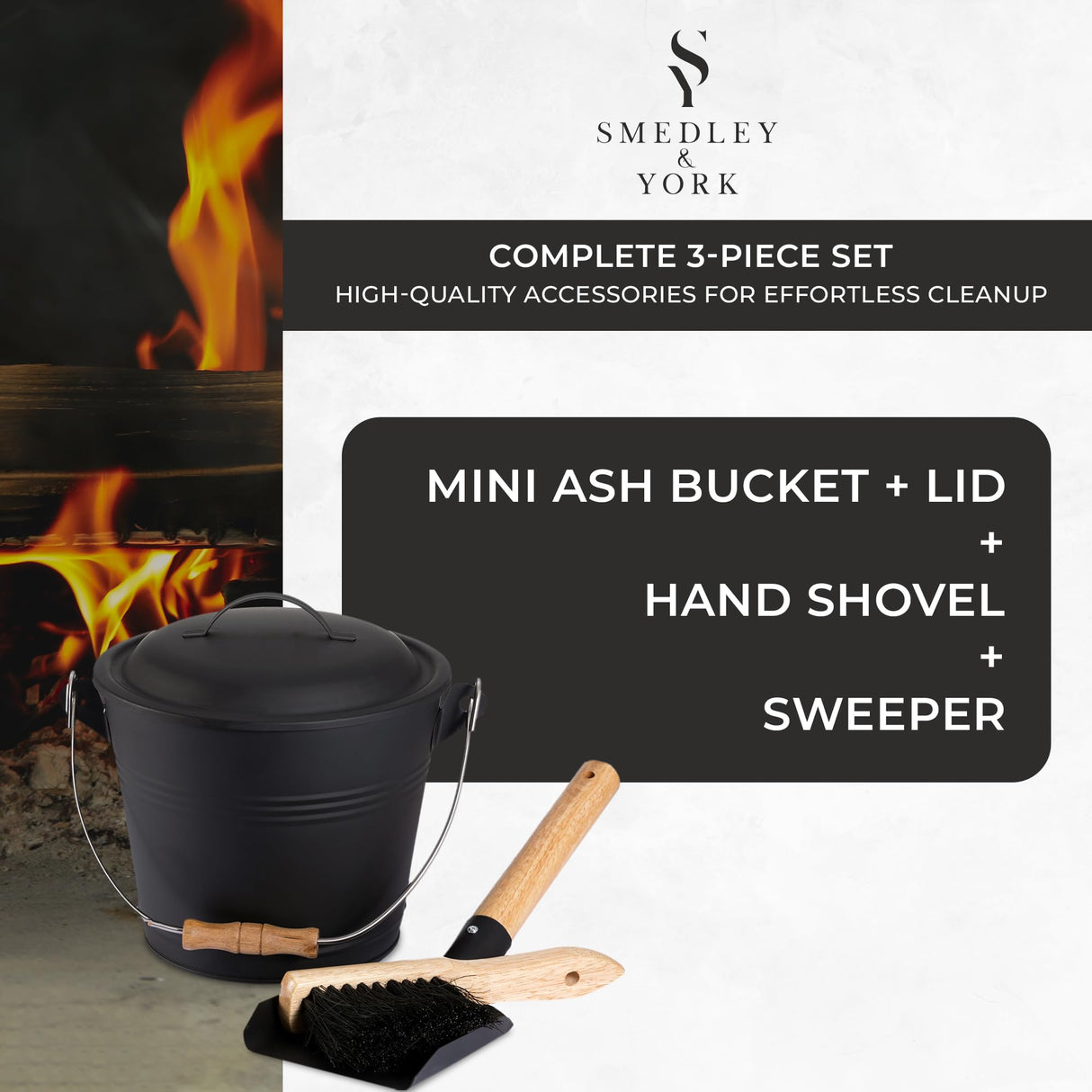 Mini Ash Bucket with Lid, Includes Fireplace Tools, Pail, Shovel and Broom