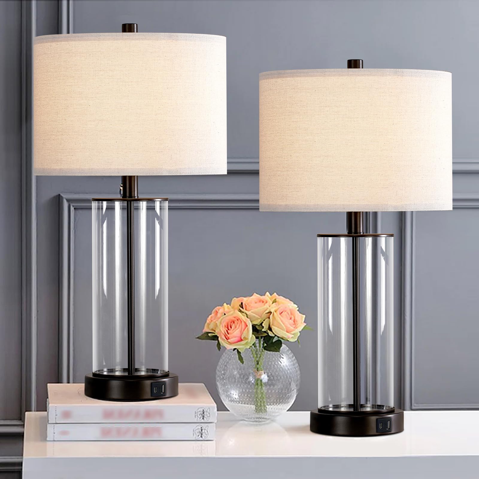 23.5'' Glass Table Lamp Set of 2 for Living Room with USB Ports and AC Outlets