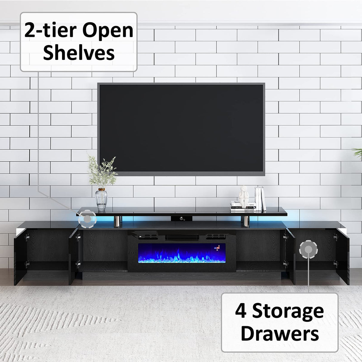 110" Large Fireplace TV Stand Set with 36" Electric Fireplace, includes 70" 2-Tier