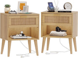 Nightstands Set of 2, Night Stands with Charging Station & Rattan Drawer, Boho Style Bed