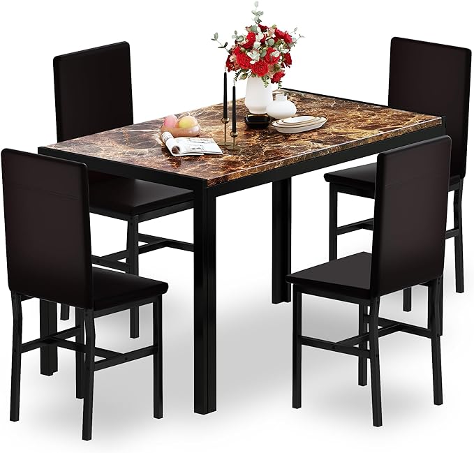 Dining Table Set for 4, Faux Marble Kitchen Table Chairs Set of 4 PU Leather Chairs