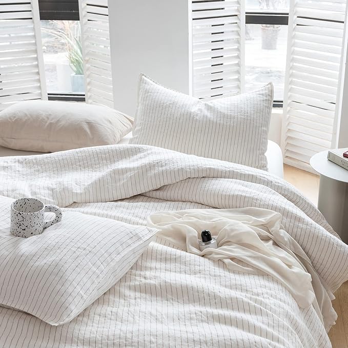 3Pcs Striped Washed Natural Flax Bedding Set