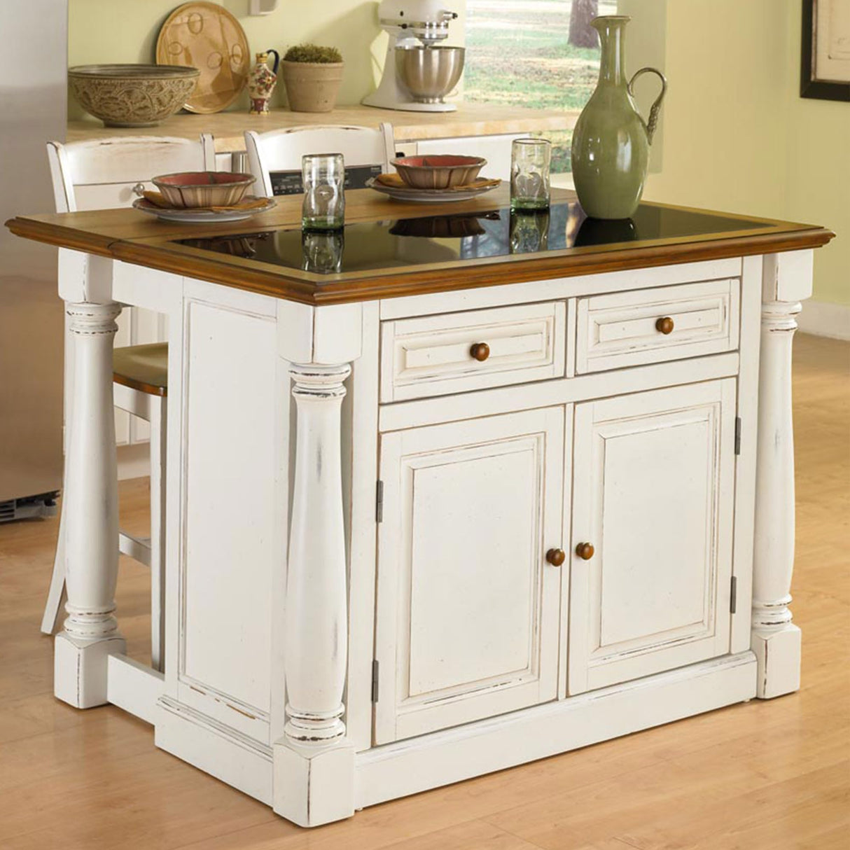 Monarch White Kitchen Island with Distressed Oak Top, Black Granite Top Inset, Hardwood