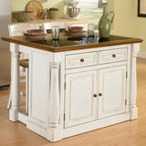 Monarch White Kitchen Island with Distressed Oak Top, Black Granite Top Inset, Hardwood