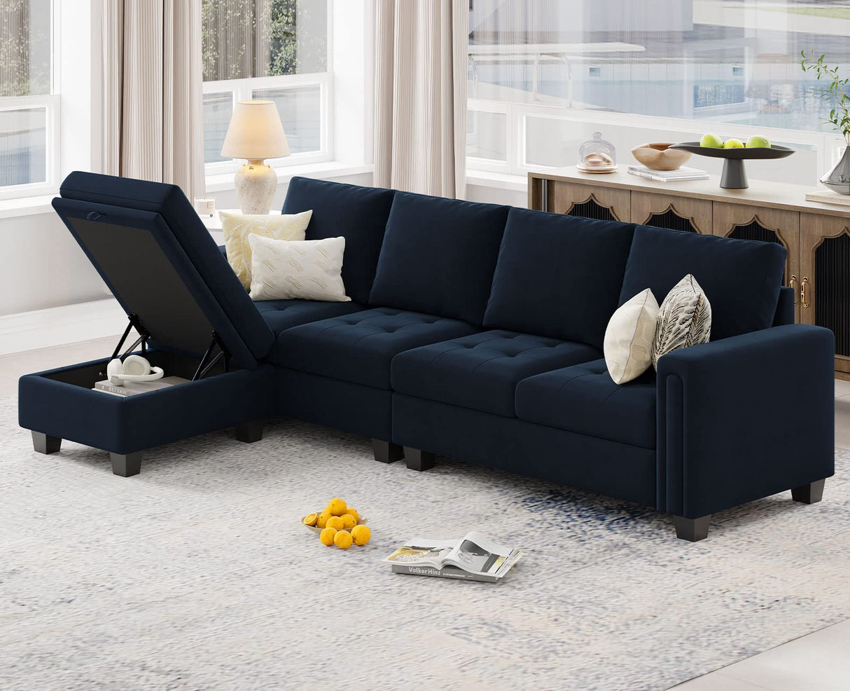 Velvet Reversible Sectional Sofa with Chaise Convertible