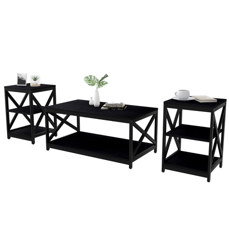 Living Room Coffee Table Set of 3, Industrial X-Design Coffee Table and 2 End Side