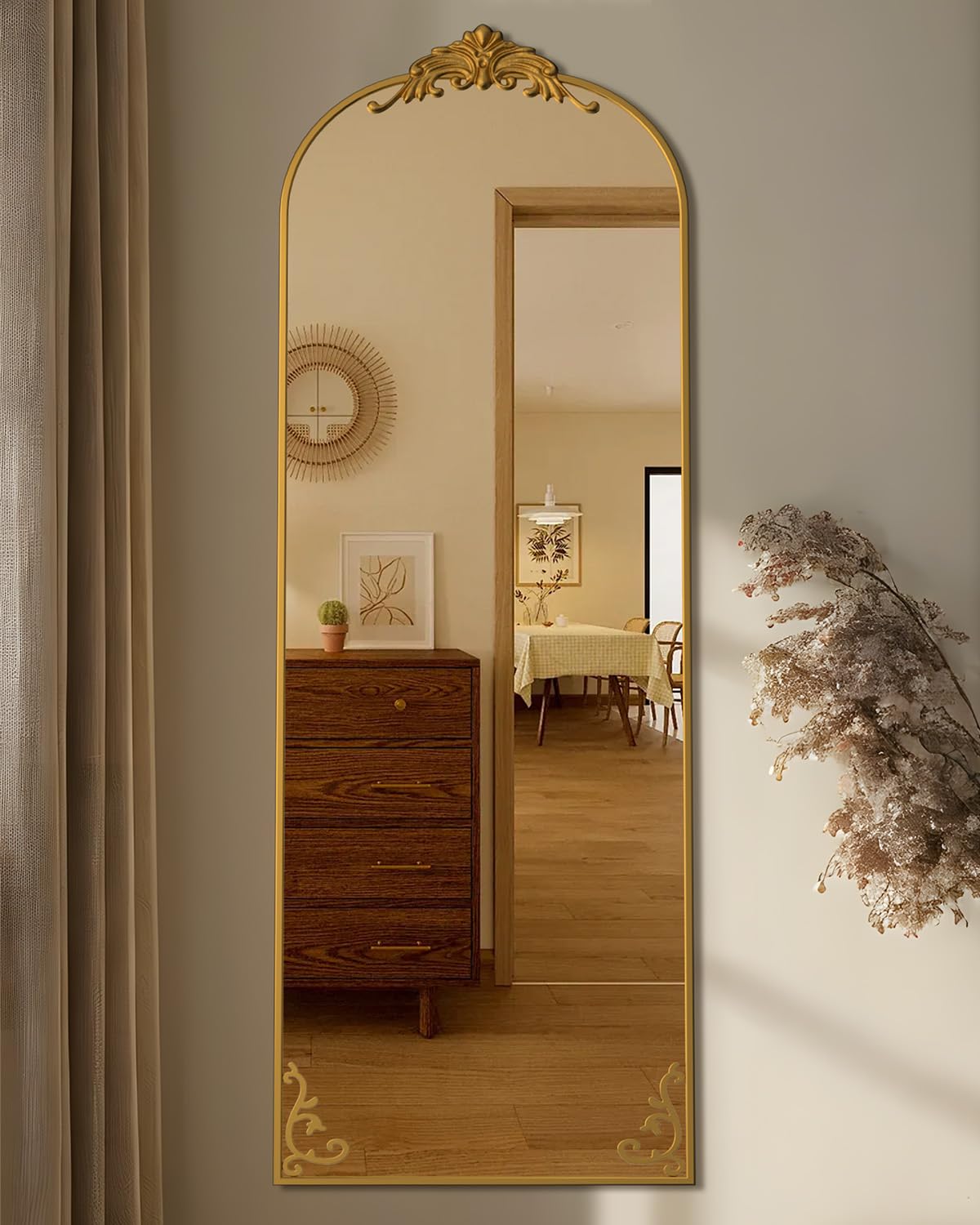 Arched Full Length Floor Mirror 64x21 - Vintage Gold Carved Frame