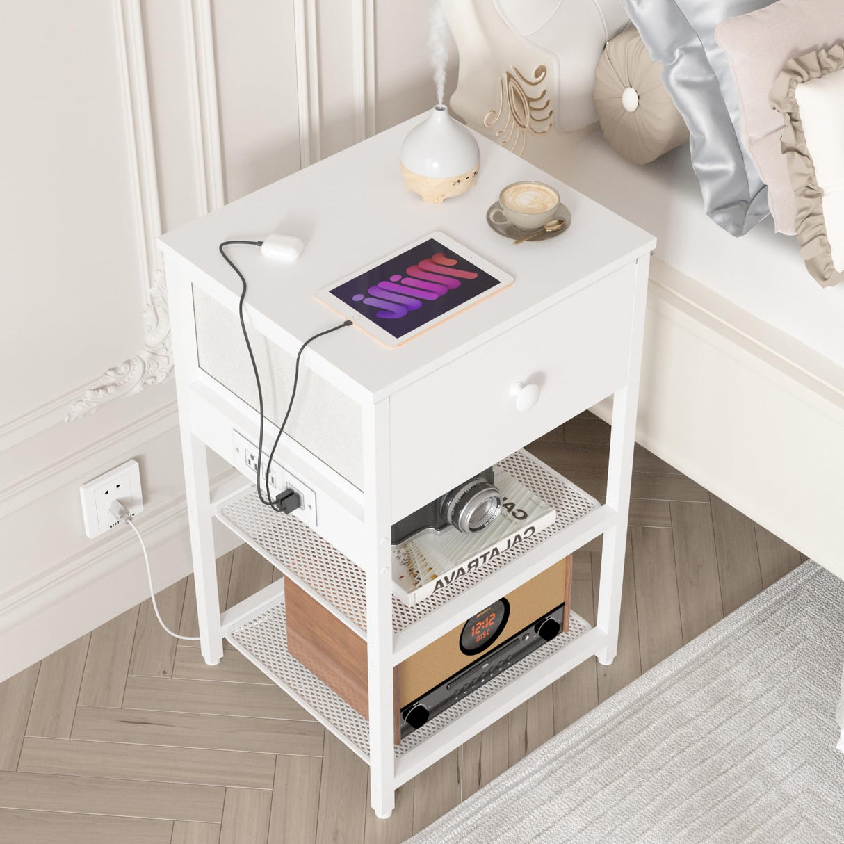 Nightstands Set of 2 with Charging Station, Bedside Tables with Fabric-Wood 2-in-1 Drawer