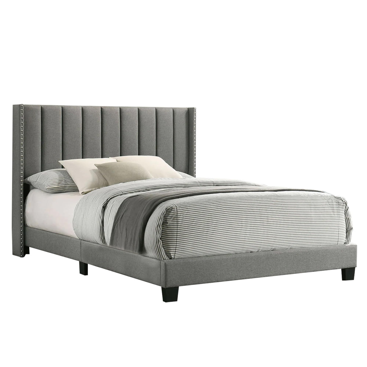 Kail California King Bed, Wingback, Channel Tuft, Light Gray Upholstery