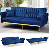 70” Velvet Futon Sofa Bed with 2 Pillows and Adjustable Armrests, Convertible Sleeper Bed