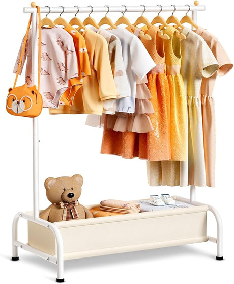 Kids Clothing Rack with Basket Small Dress Up Storage Short Toddler Dress Up Rack Kids Closet for Baby Clothes