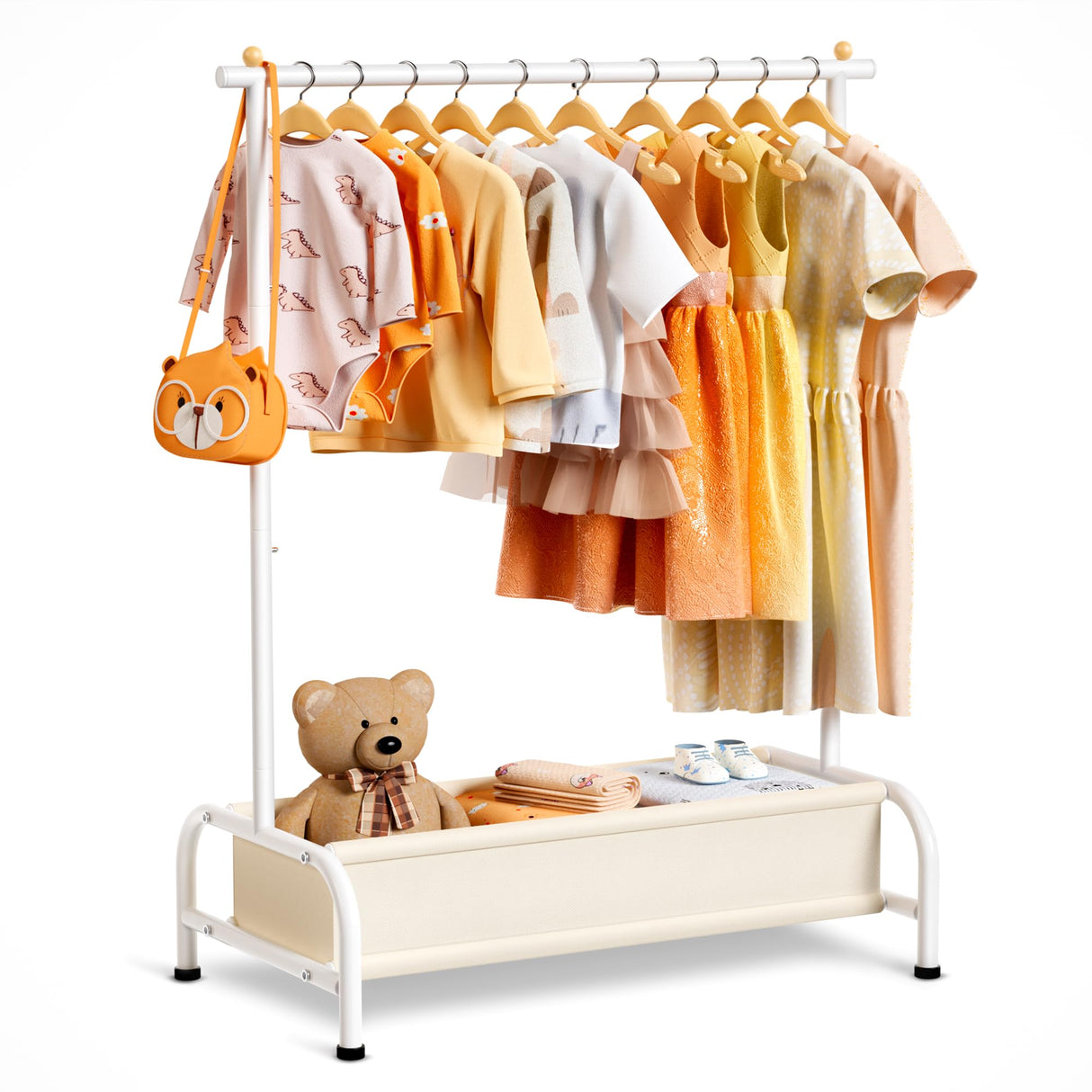 Kids Clothing Rack with Basket Small Dress Up Storage Short Toddler Dress Up Rack Kids Closet for Baby Clothes