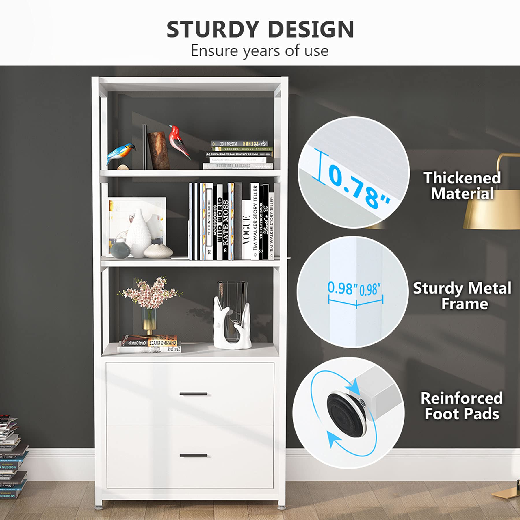 , 4-Tier White Bookshelf with 2 Drawers, Etagere Standard Book Shelves Display Shelf for Home Office (White)