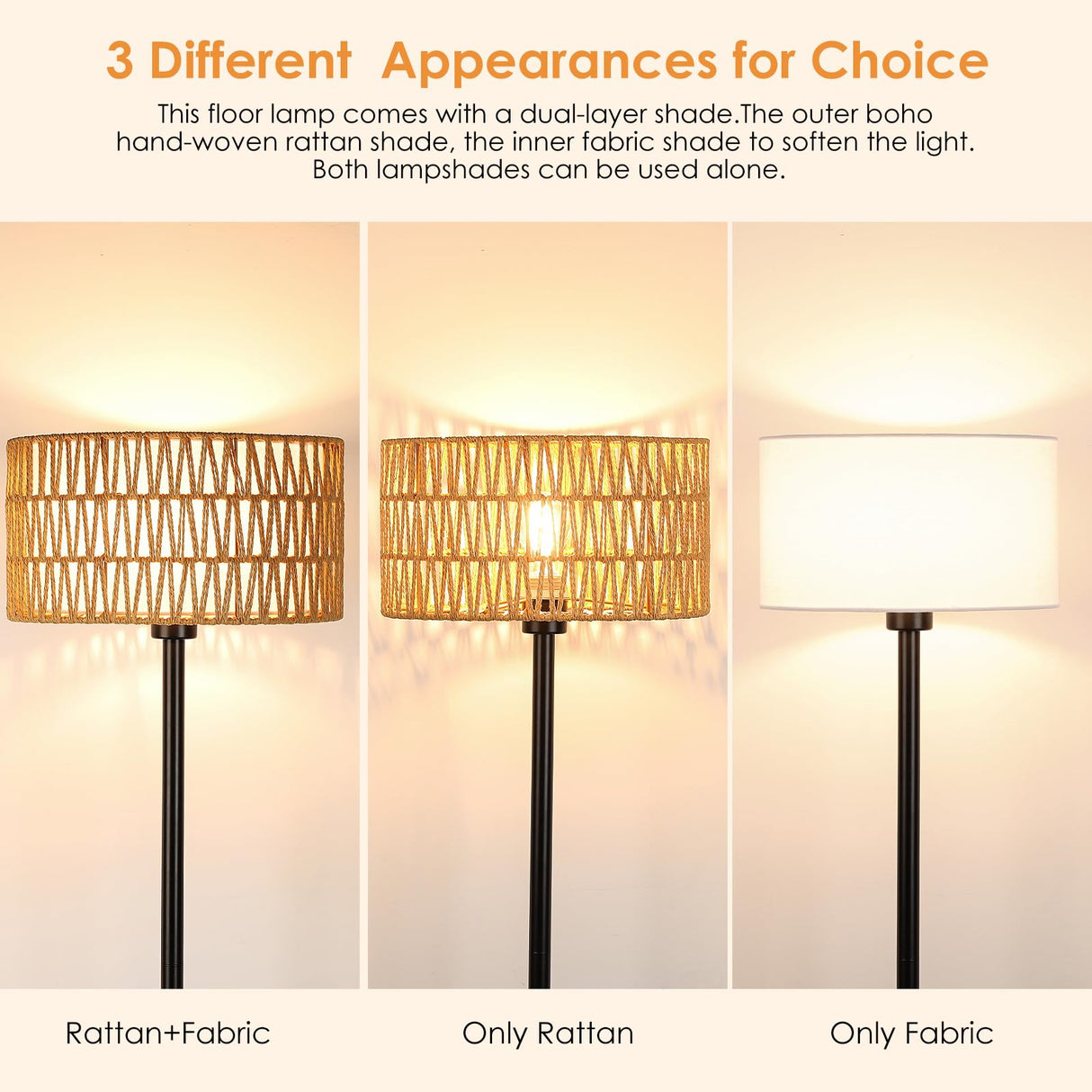 Lamps for Living Room, Rattan Boho Floor Lamp, Black Metal Floor Lamp with LED Bulb,