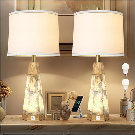 Natural Alabaster Nightstand Lamp Set of 2 with Night Light USB Ports Table Lamp