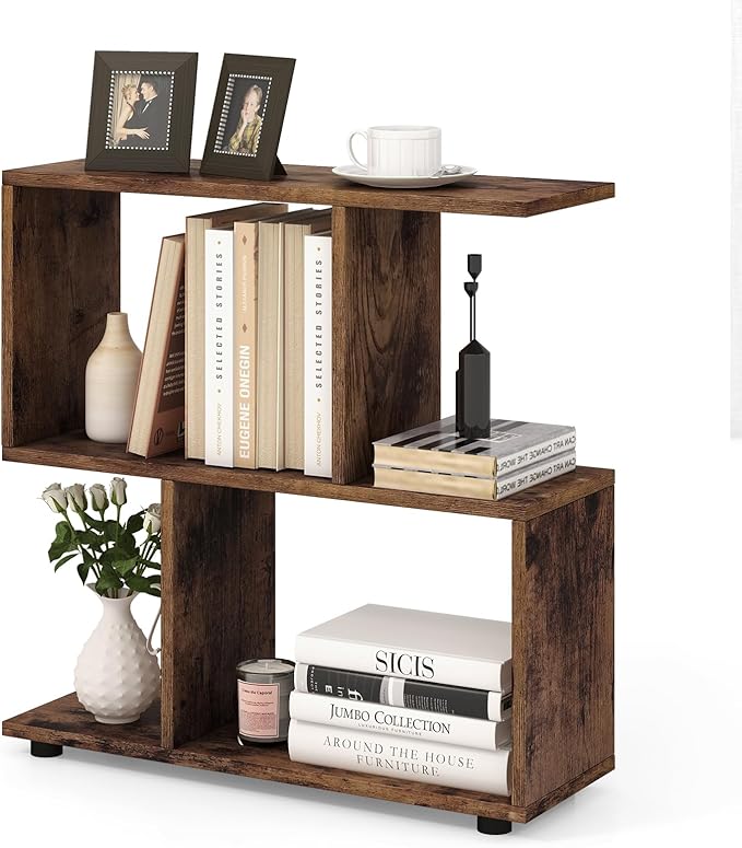 3-Tier Geometric Bookshelf, 24" Tall Wood S-Shaped Display Shelves with Thick Foot Pads, Freestanding Open Shelves Nightstand, Floor Standing Display Shelf Bookcase, Black