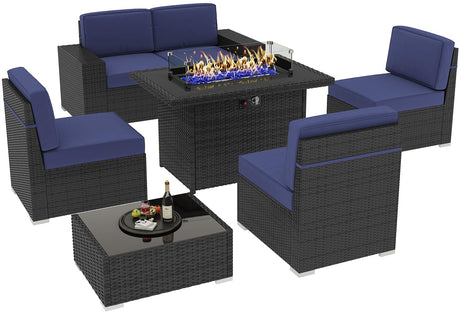 Outdoor Patio Furniture Set with 44" Fire Pit Table Rattan Sectional Sofa