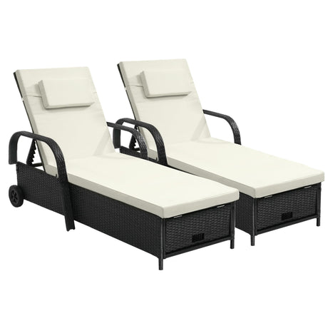 Outdoor Wicker Chaise Lounge Chair Set of 2 w/Storage, Rattan Patio Pool Lounger