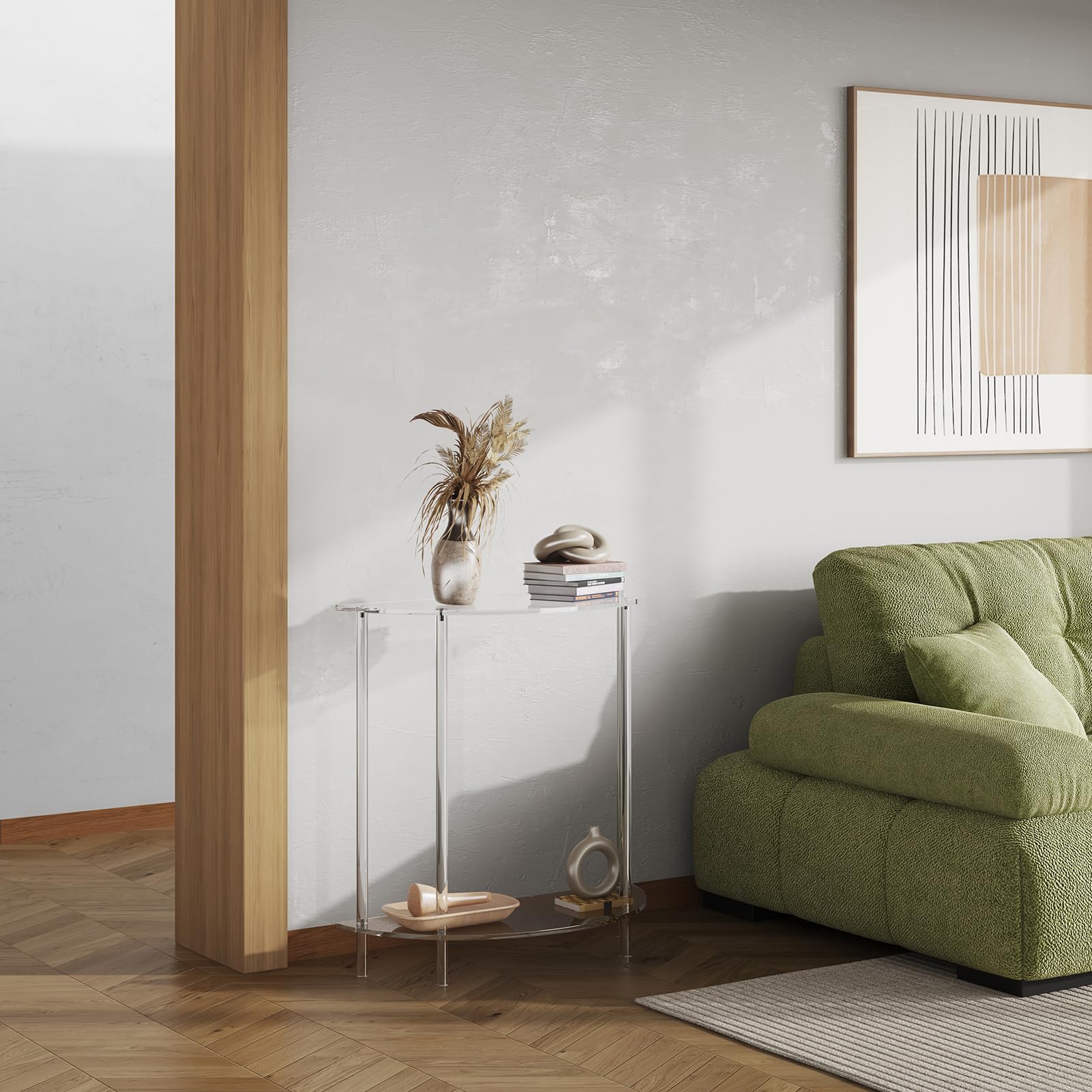 2-Tier Acrylic Console Table - Half Moon Entryway Table with Storage Shelf