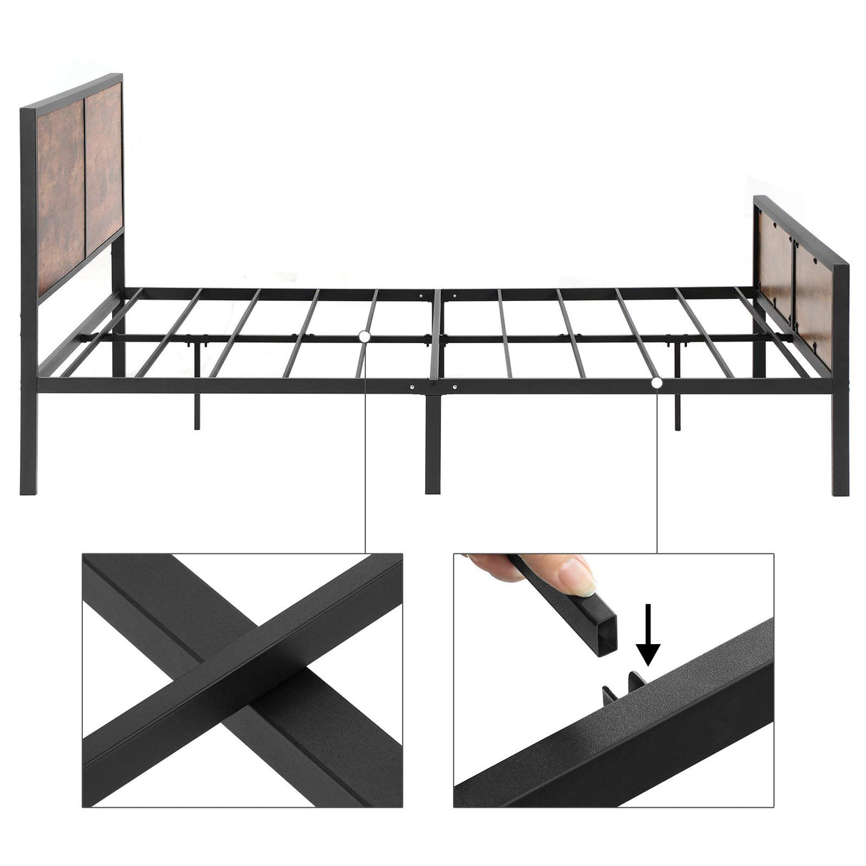 Queen Size Metal Bed Frame with Headboard, Footboard, No Box Spring Needed, Platform Bed,