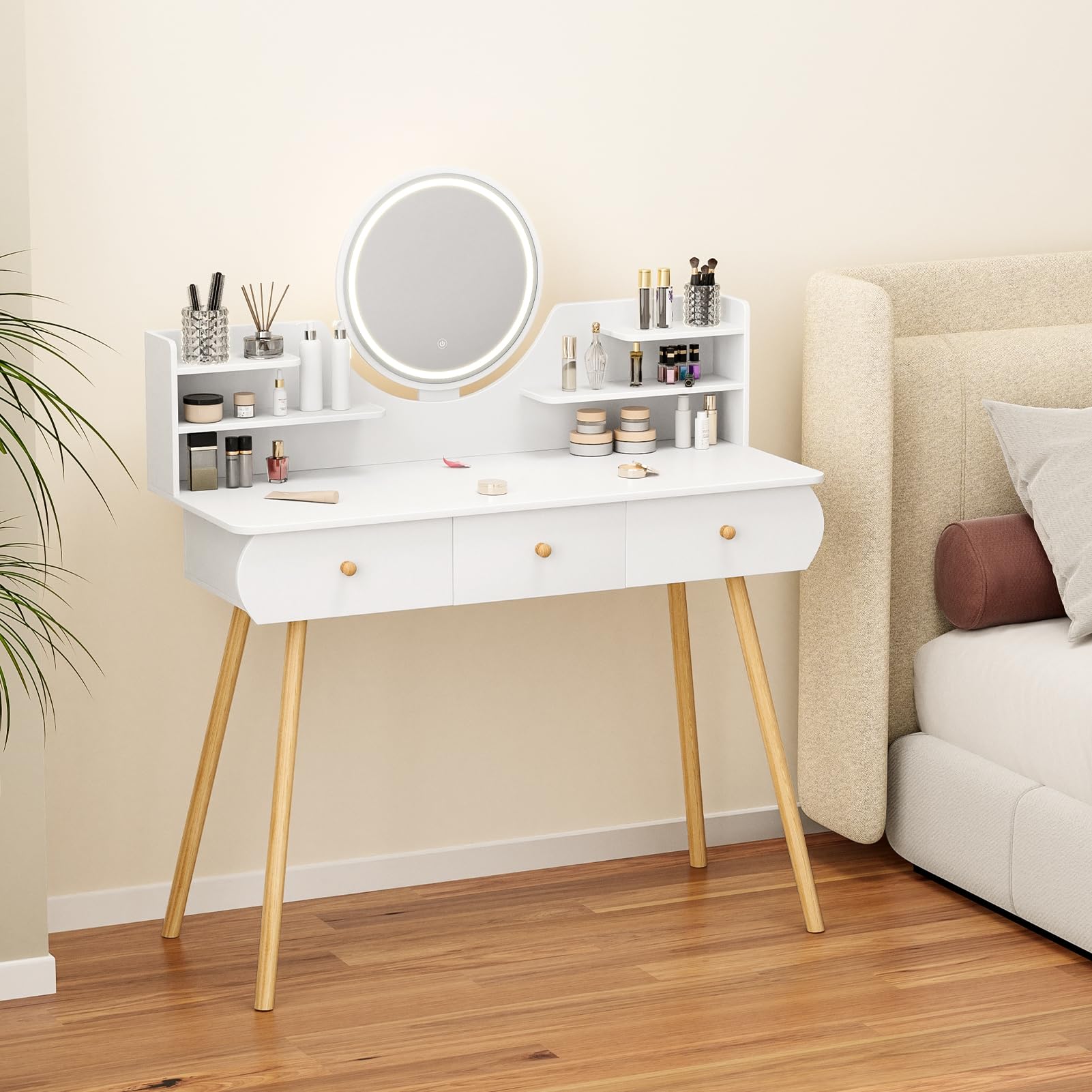 Vanity Desk with Mirror & Lights, Makeup Vanity Table with 4 Drawers & Storage Shelves