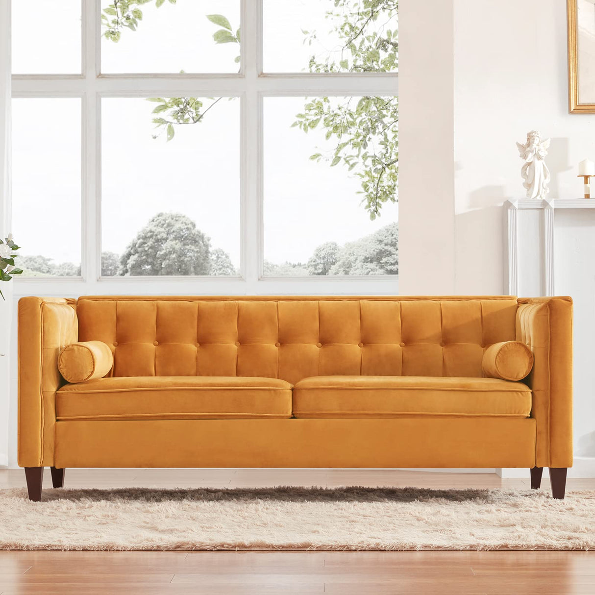 78'' W Velvet Sofa, Mid-Century Love Seats Sofa Furniture with Bolster Pillows, Button Tufted Couch for Living Room, Tool-Free Assembly (Sofa, Ginger)