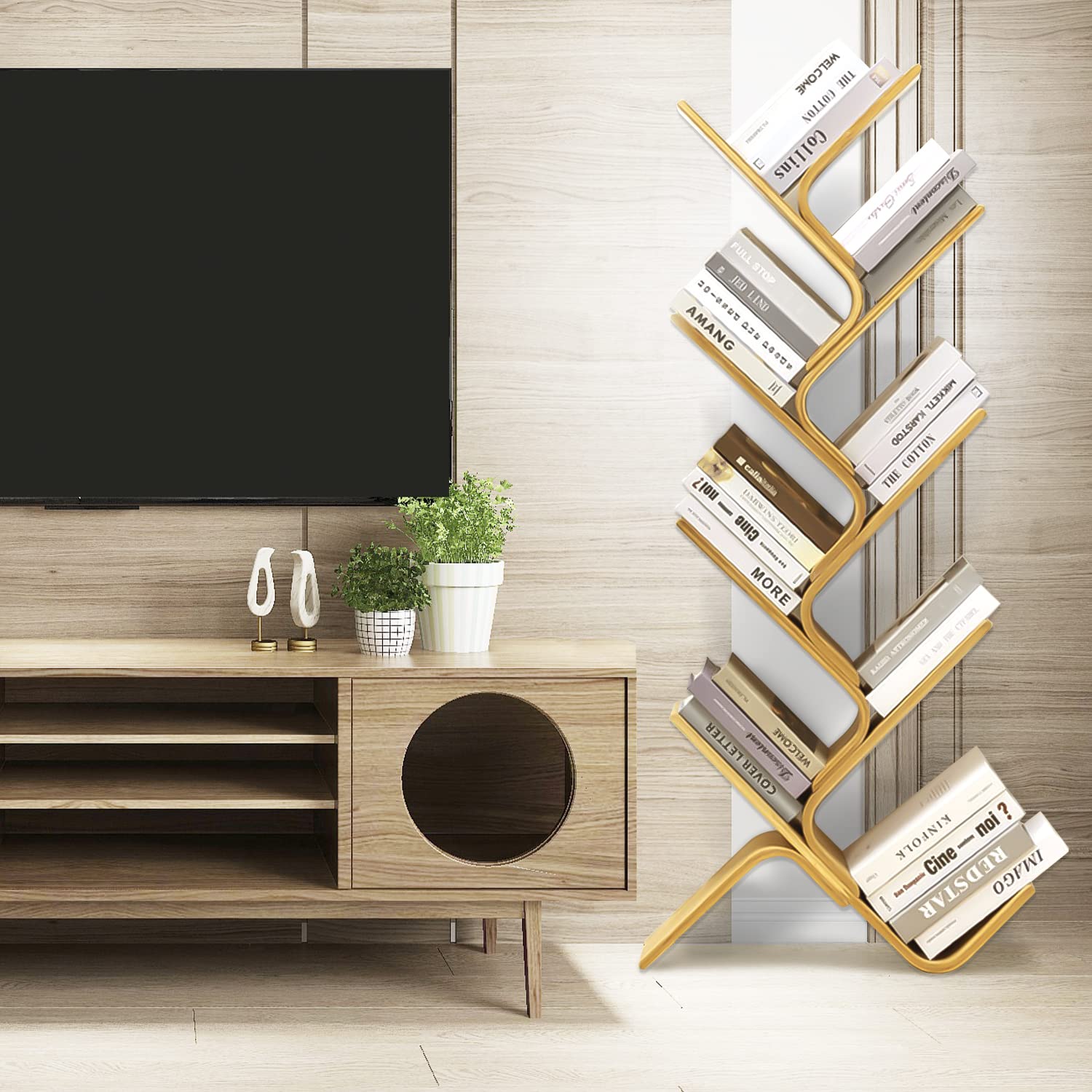 8-Tier Floor Bamboo Tree Bookshelf, Modern Standing Bookcase Office Book Storage