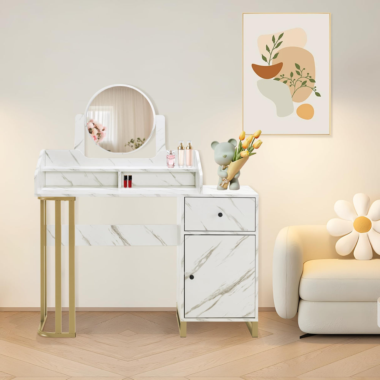 Light Luxury Dressing Table with Storage Cabinet, Modern Vanity Desk with Drawer