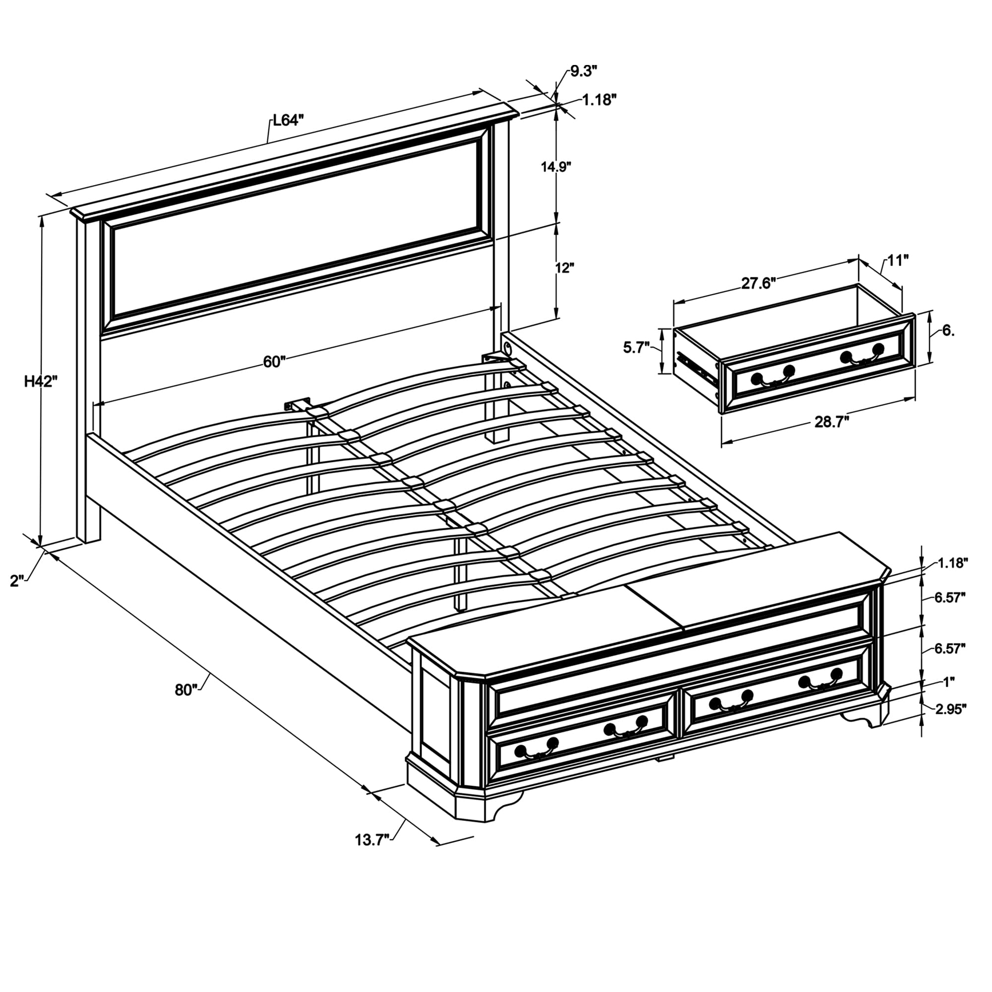 T4TREAM Farmhouse Queen Bed with Headboard & Storage Bench, Rustic Wood Platform Bed w/ 64" Storage Chest & 4 Large Drawer, Distressed White