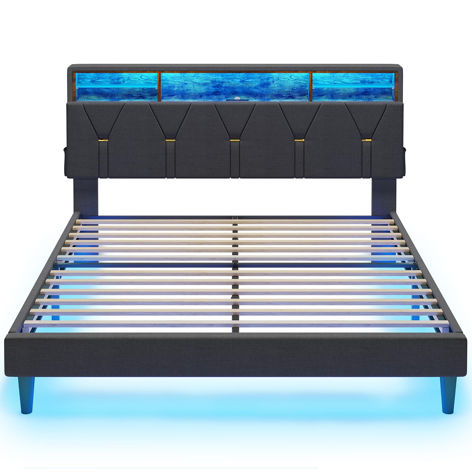 LED Full Bed Frame with Charging Station, Full Size Bed Frame