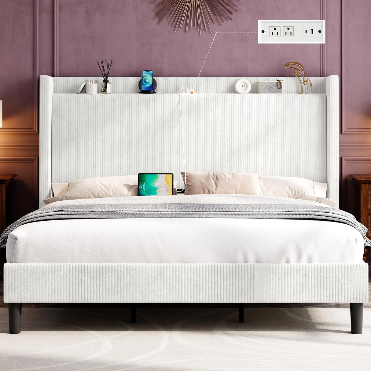 Jocisland Full Size Bed Frame Upholstered Corduroy Bed with Modern Wingback Storage Headboard and Charging Station, No Box Spring Needed, White