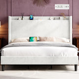 Jocisland Full Size Bed Frame Upholstered Corduroy Bed with Modern Wingback Storage Headboard and Charging Station, No Box Spring Needed, White