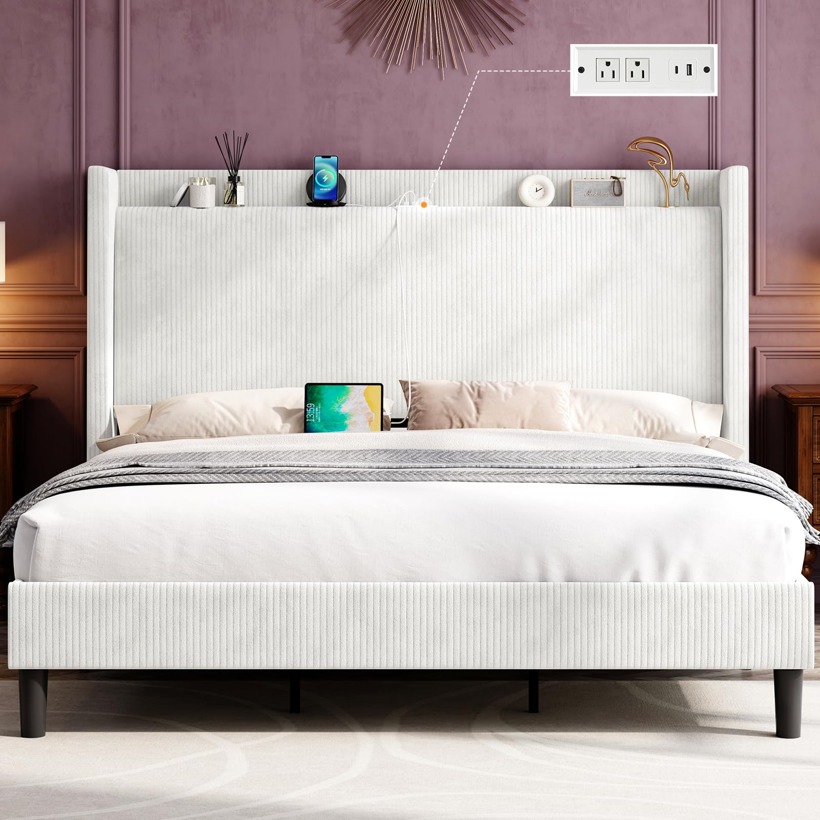 Jocisland Full Size Bed Frame Upholstered Corduroy Bed with Modern Wingback Storage Headboard and Charging Station, No Box Spring Needed, White