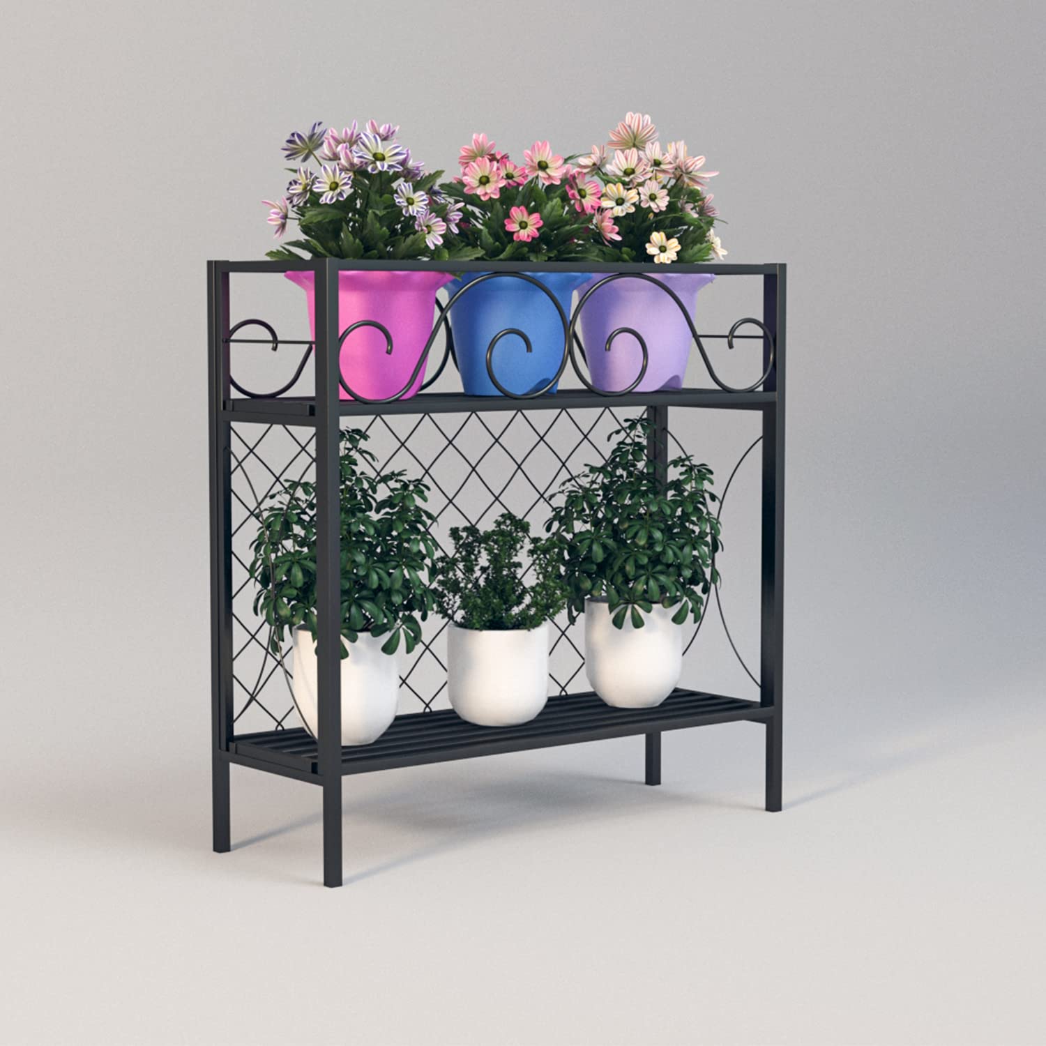 2 Tier Indoor Outdoor Potted Plant Shelf Heavy Duty Metal Plant Stand Sturdy