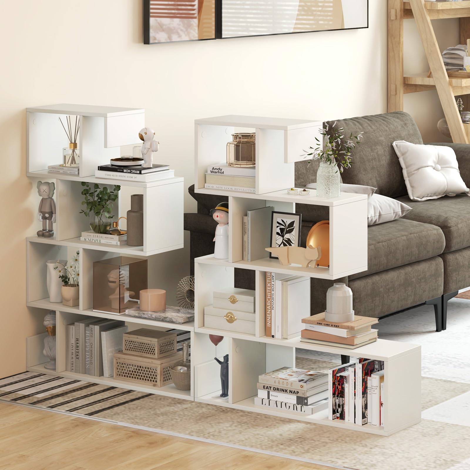 S-Shaped Bookshelf, Geometric Bookcase with Open Shelves, 5 Tier Display Shelf, Modern