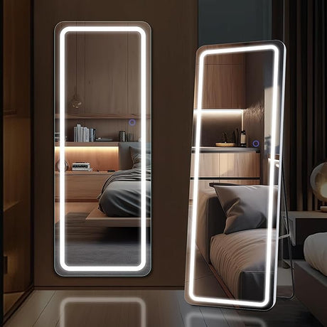 Rectangle Full Length Mirror with LED Lights, 64"x20" Full Body Floor Mirror Standing Hanging or Wall Mount Mirror for Bedroom, Aluminum Frame, Dimming & 3 Color Lighting