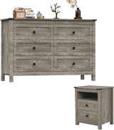 Farmhouse Bedroom Furniture Set, Rustic Wood Double Dresser Chest of Drawers. 6-Drawer Chest of Drawers Wide Storage Organizer Cabinet for Bedroom, Living Room, 1pc Dresser+2pcs Nightstands