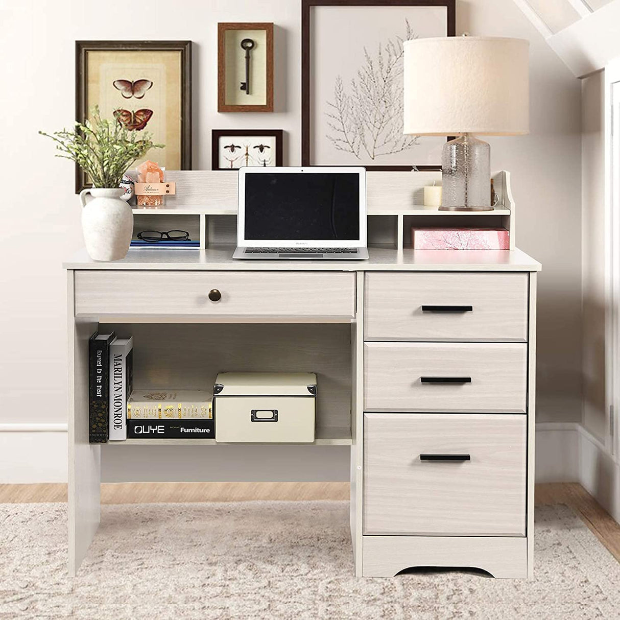 Computer Desk with Drawers and Hutch Shelf, Farmhouse Home Office Desk