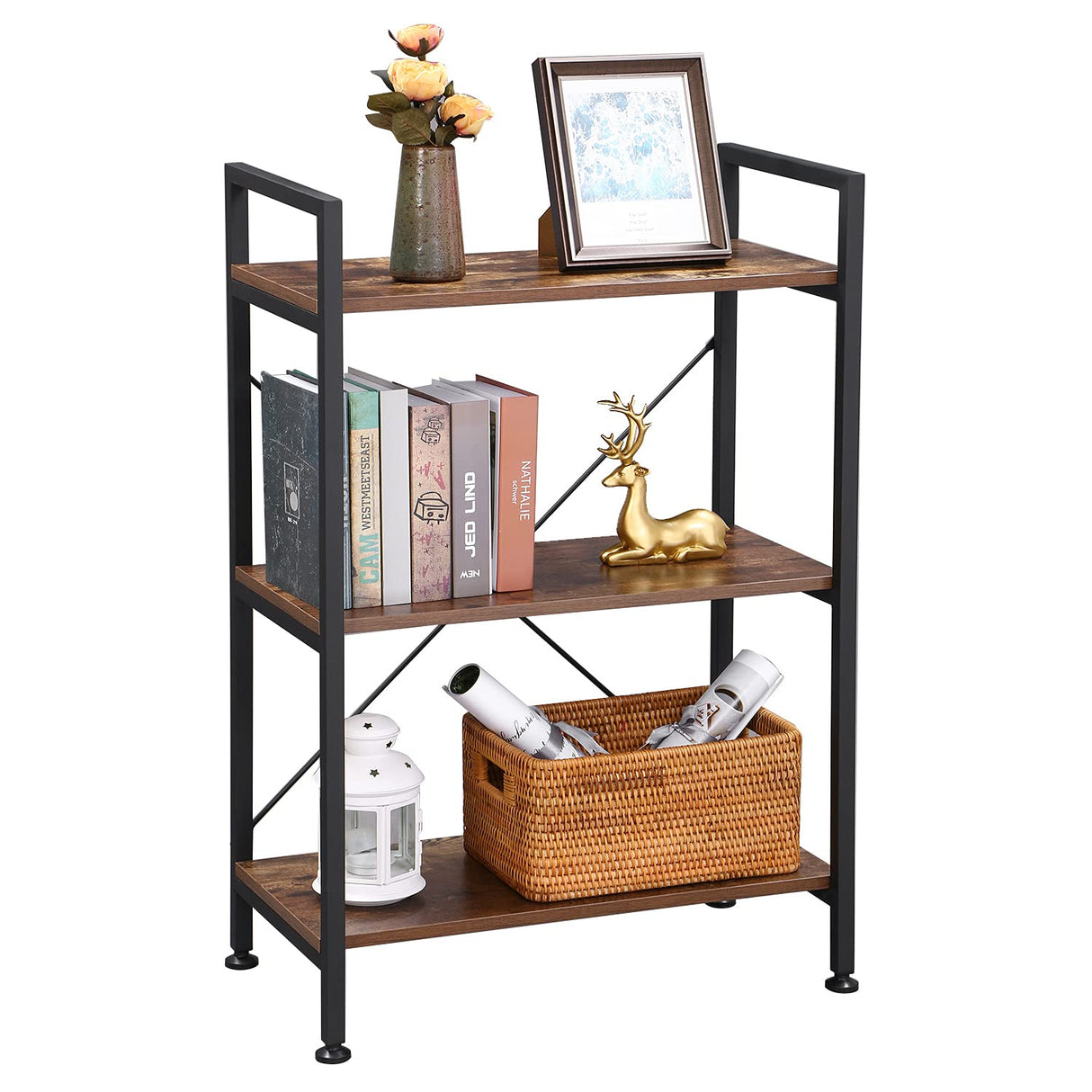 37" H 3 Tier Bookshelf, Rustic Small Book Shelf for Small Spaces, Brown Wooden Shelves