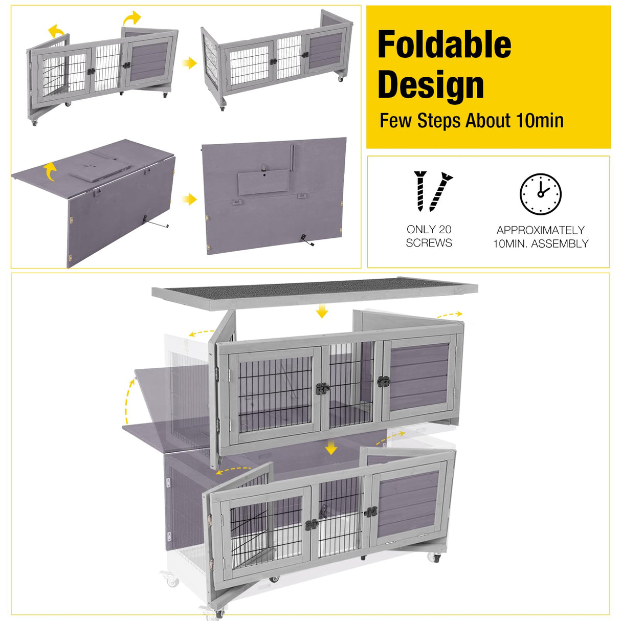 Rabbit Hutch Folding Bunny House Quickly Assemble Two Story Guinea Pig Cage