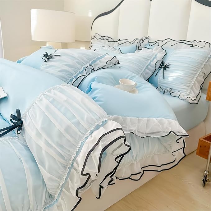 White Duvet Cover Full Size, Ruffle Beddding Set with Bowtie