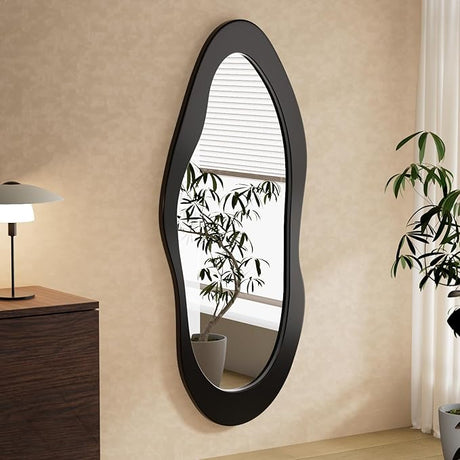 67"x 30" Irregular Wavy Full Length Mirror Wood Full Length Mirror Irregular Wavy Full Body Mirror Wooden Framed Mirror Hanging/Leaning